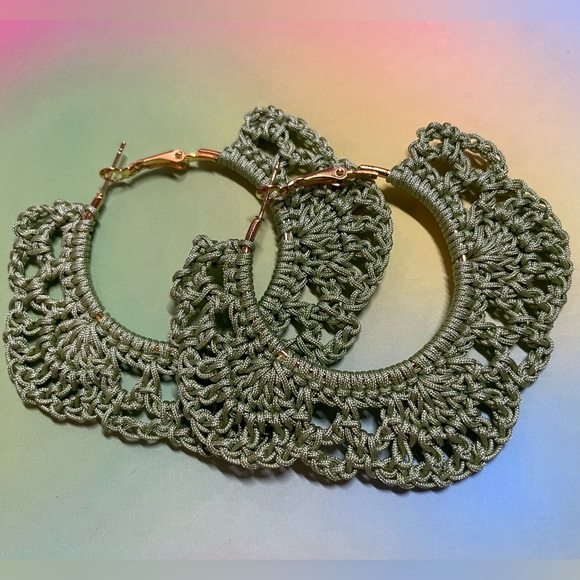 STAINLESS STEEL 40MM CROCHET LACEY HOOP EARRINGS- MATCHA - Picture 1 of 3